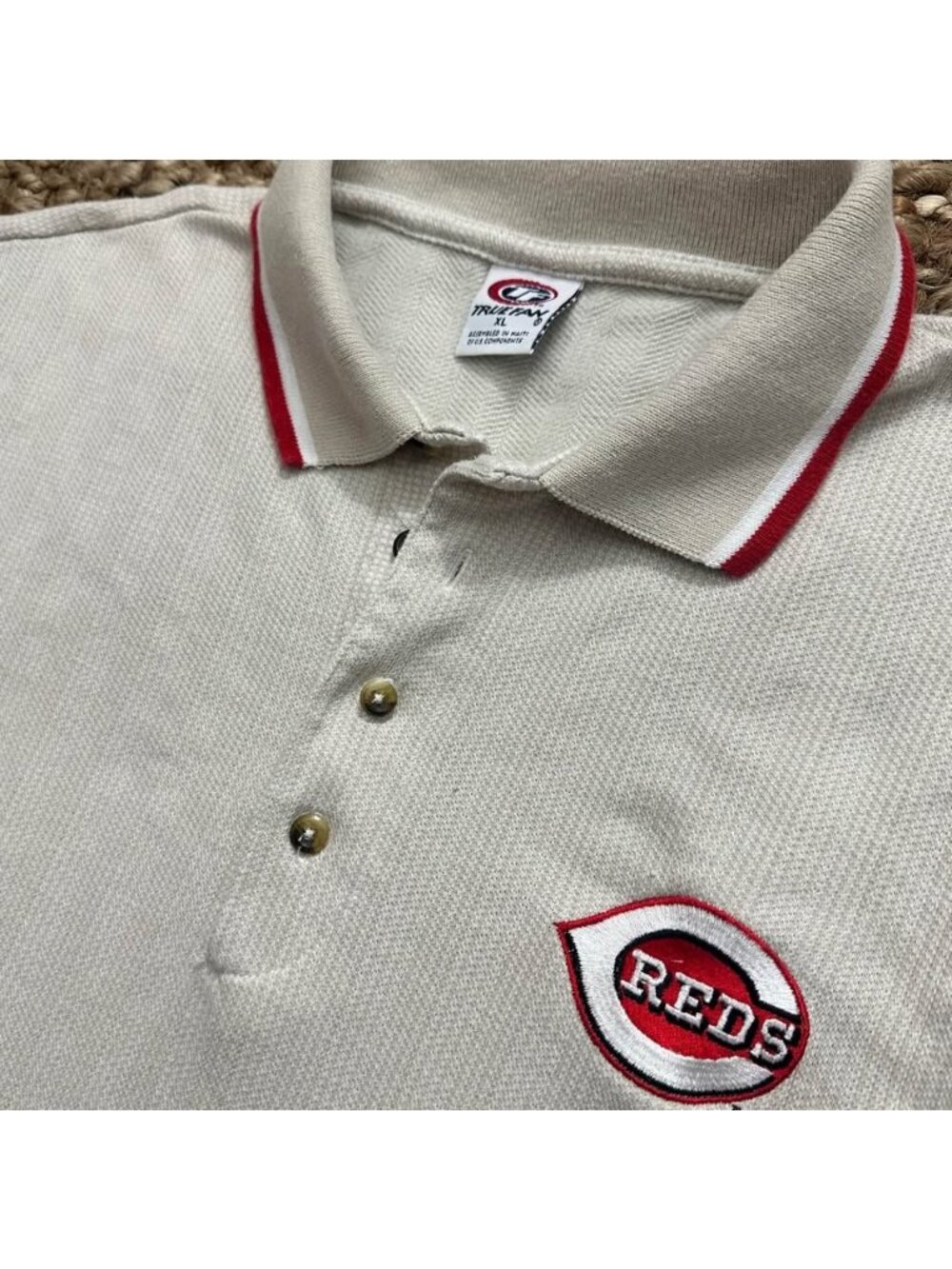Vintage MLB Cincinnati Reds True Fan Mens Beige Woven Knit Pique Polo Shirt XL R